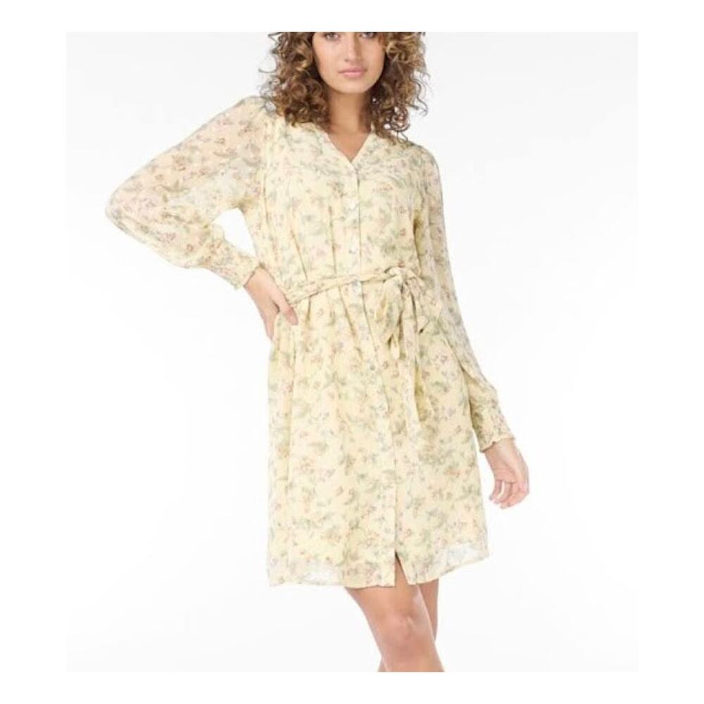 Esqualo Yellow Floral Button-Up Lined Long Sleeve Belt Tie V-neck Pretty Dress